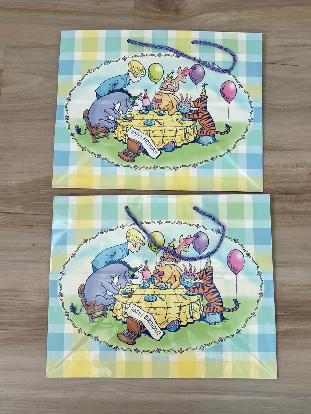 Set Of 2Vintage Birthday Party Gift Bag with Pastel Plaid and Animal Celebration